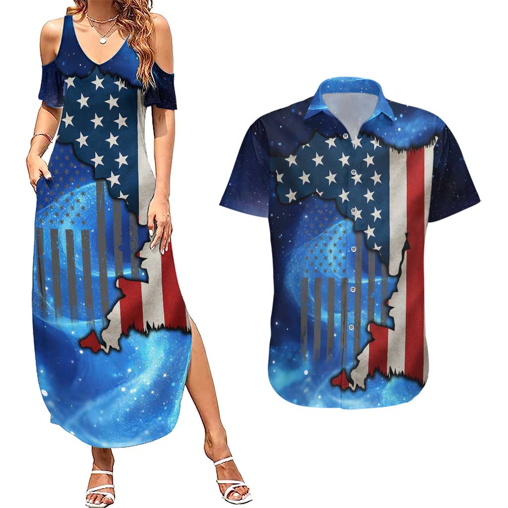 Custom American Flag Universe Patriotic Couples Matching Summer Maxi Dress and Hawaiian Shirt Blue Galaxy Sky Graphic Design - Wonder Print Shop