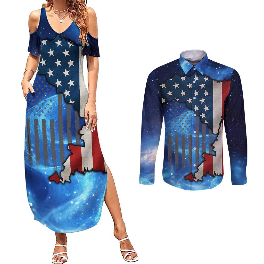 Custom American Flag Universe Patriotic Couples Matching Summer Maxi Dress and Long Sleeve Button Shirt Blue Galaxy Sky Graphic Design - Wonder Print Shop