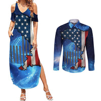 Custom American Flag Universe Patriotic Couples Matching Summer Maxi Dress and Long Sleeve Button Shirt Blue Galaxy Sky Graphic Design - Wonder Print Shop