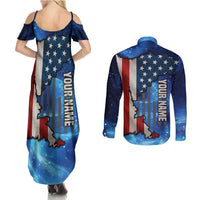 Custom American Flag Universe Patriotic Couples Matching Summer Maxi Dress and Long Sleeve Button Shirt Blue Galaxy Sky Graphic Design - Wonder Print Shop