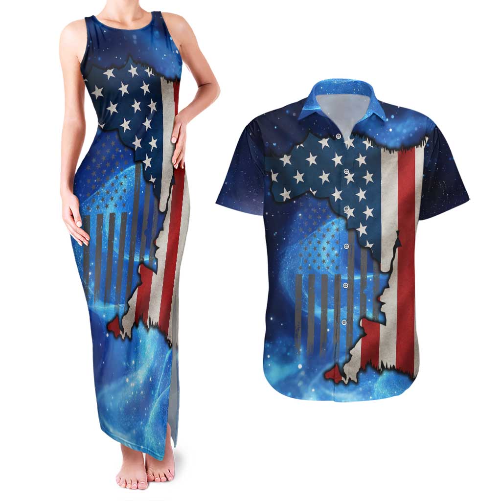 Custom American Flag Universe Patriotic Couples Matching Tank Maxi Dress and Hawaiian Shirt Blue Galaxy Sky Graphic Design - Wonder Print Shop