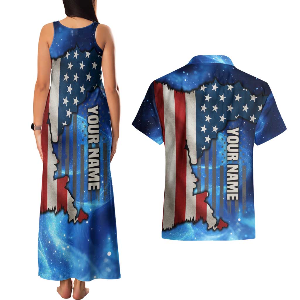Custom American Flag Universe Patriotic Couples Matching Tank Maxi Dress and Hawaiian Shirt Blue Galaxy Sky Graphic Design - Wonder Print Shop