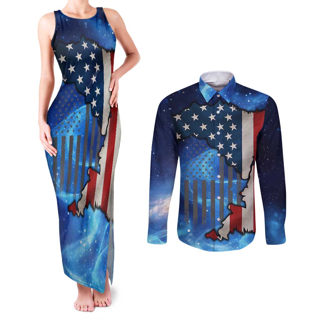 Custom American Flag Universe Patriotic Couples Matching Tank Maxi Dress and Long Sleeve Button Shirt Blue Galaxy Sky Graphic Design - Wonder Print Shop