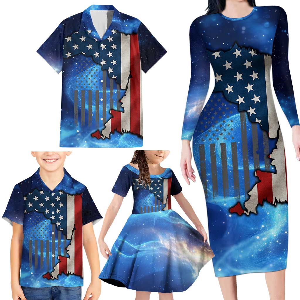 Custom American Flag Universe Patriotic Family Matching Long Sleeve Bodycon Dress and Hawaiian Shirt Blue Galaxy Sky Graphic Design - Wonder Print Shop