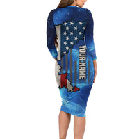 Custom American Flag Universe Patriotic Family Matching Long Sleeve Bodycon Dress and Hawaiian Shirt Blue Galaxy Sky Graphic Design - Wonder Print Shop