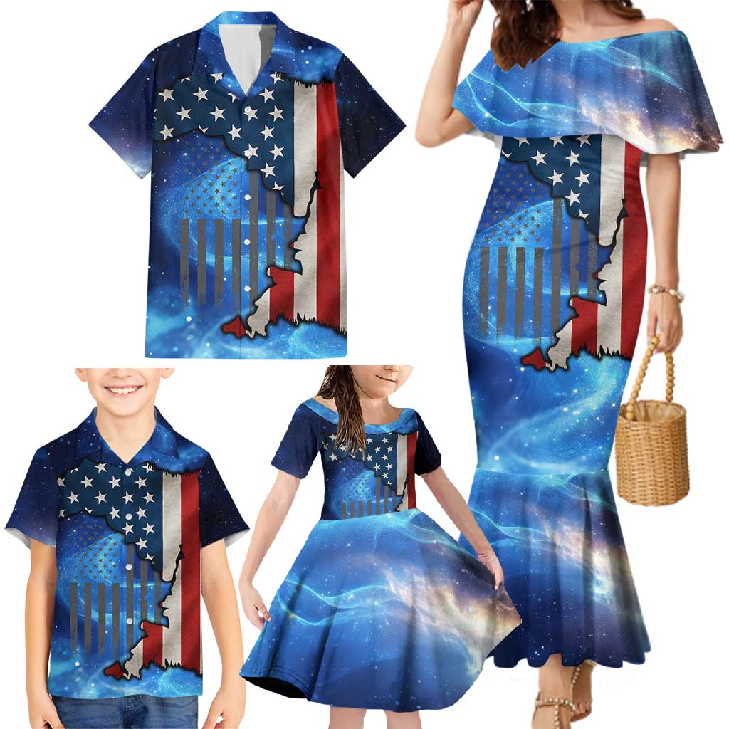Custom American Flag Universe Patriotic Family Matching Mermaid Dress and Hawaiian Shirt Blue Galaxy Sky Graphic Design - Wonder Print Shop