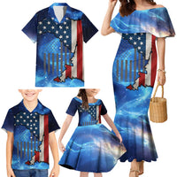Custom American Flag Universe Patriotic Family Matching Mermaid Dress and Hawaiian Shirt Blue Galaxy Sky Graphic Design - Wonder Print Shop