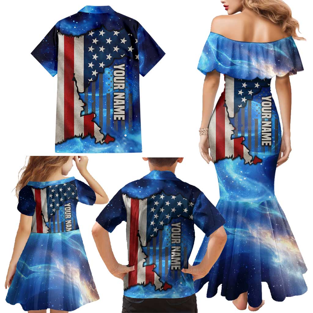Custom American Flag Universe Patriotic Family Matching Mermaid Dress and Hawaiian Shirt Blue Galaxy Sky Graphic Design - Wonder Print Shop