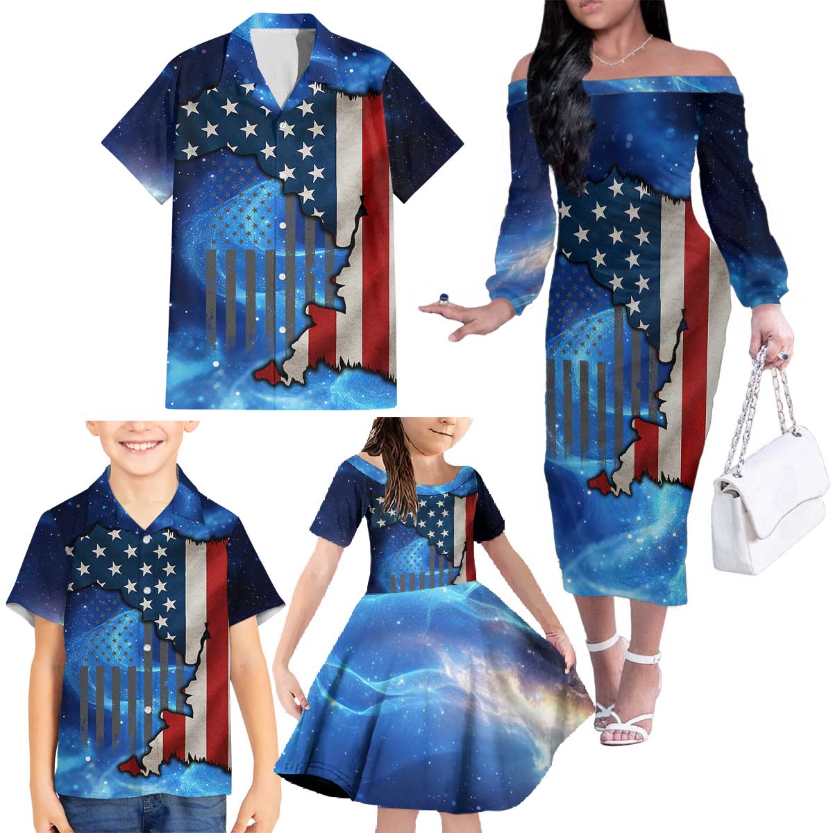Custom American Flag Universe Patriotic Family Matching Off The Shoulder Long Sleeve Dress and Hawaiian Shirt Blue Galaxy Sky Graphic Design - Wonder Print Shop