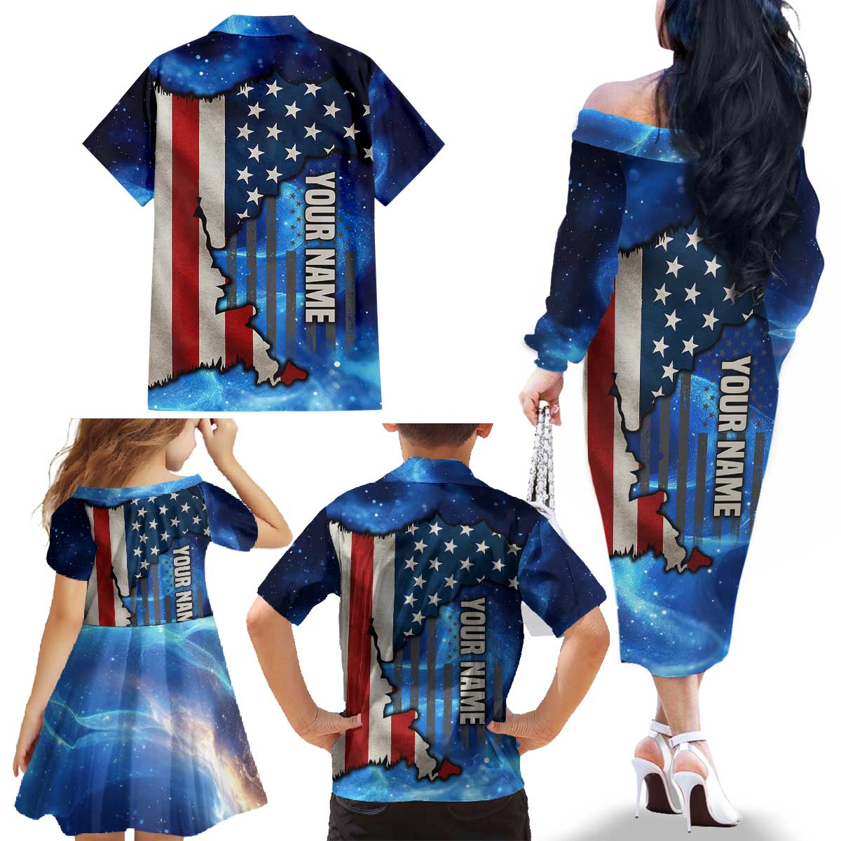 Custom American Flag Universe Patriotic Family Matching Off The Shoulder Long Sleeve Dress and Hawaiian Shirt Blue Galaxy Sky Graphic Design - Wonder Print Shop