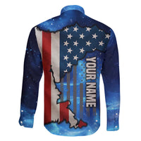 Custom American Flag Universe Patriotic Family Matching Off The Shoulder Long Sleeve Dress and Hawaiian Shirt Blue Galaxy Sky Graphic Design - Wonder Print Shop