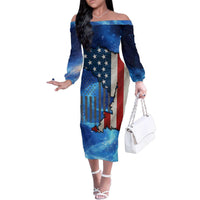 Custom American Flag Universe Patriotic Family Matching Off The Shoulder Long Sleeve Dress and Hawaiian Shirt Blue Galaxy Sky Graphic Design - Wonder Print Shop