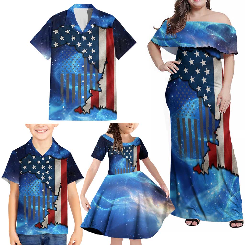Custom American Flag Universe Patriotic Family Matching Off Shoulder Maxi Dress and Hawaiian Shirt Blue Galaxy Sky Graphic Design - Wonder Print Shop