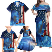 Custom American Flag Universe Patriotic Family Matching Off Shoulder Maxi Dress and Hawaiian Shirt Blue Galaxy Sky Graphic Design - Wonder Print Shop