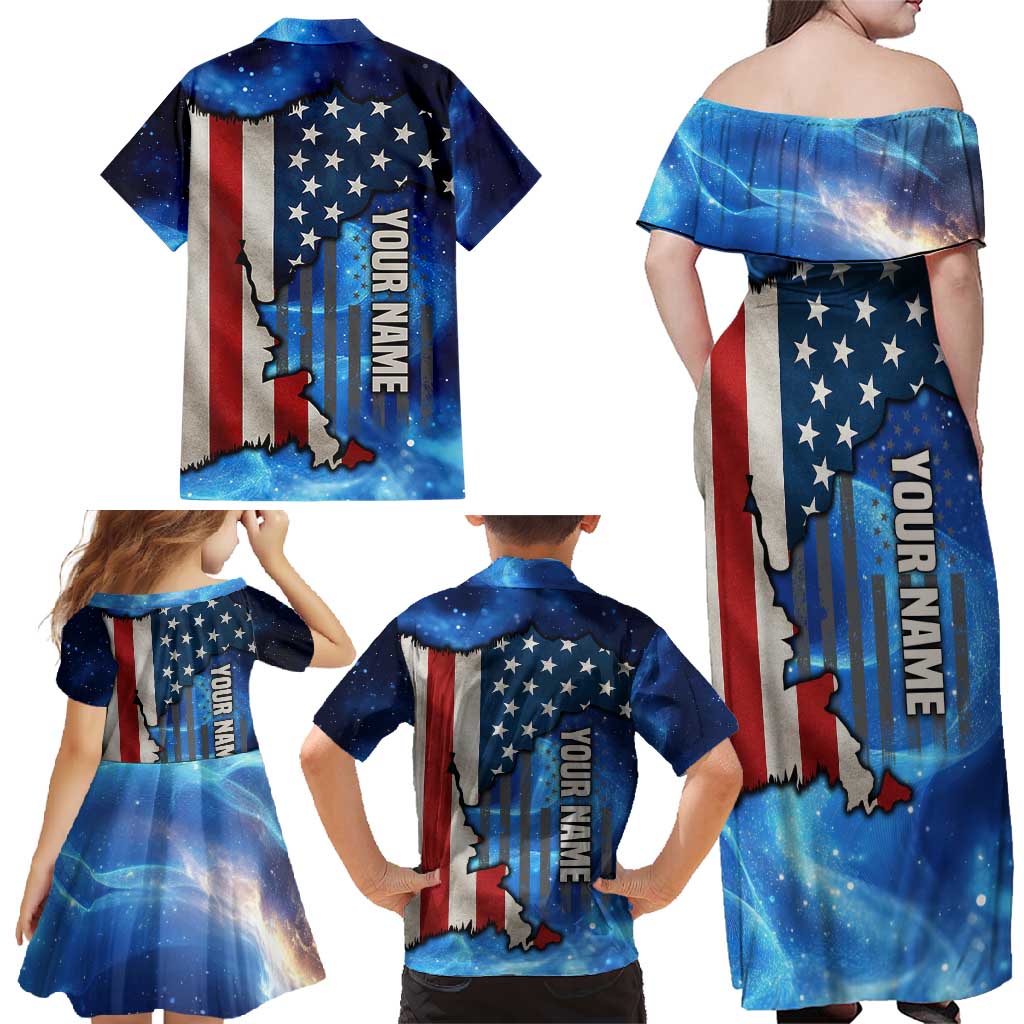 Custom American Flag Universe Patriotic Family Matching Off Shoulder Maxi Dress and Hawaiian Shirt Blue Galaxy Sky Graphic Design - Wonder Print Shop