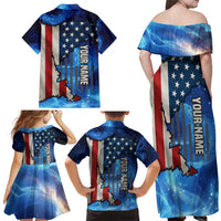 Custom American Flag Universe Patriotic Family Matching Off Shoulder Maxi Dress and Hawaiian Shirt Blue Galaxy Sky Graphic Design - Wonder Print Shop