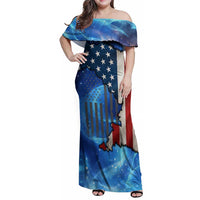 Custom American Flag Universe Patriotic Family Matching Off Shoulder Maxi Dress and Hawaiian Shirt Blue Galaxy Sky Graphic Design - Wonder Print Shop