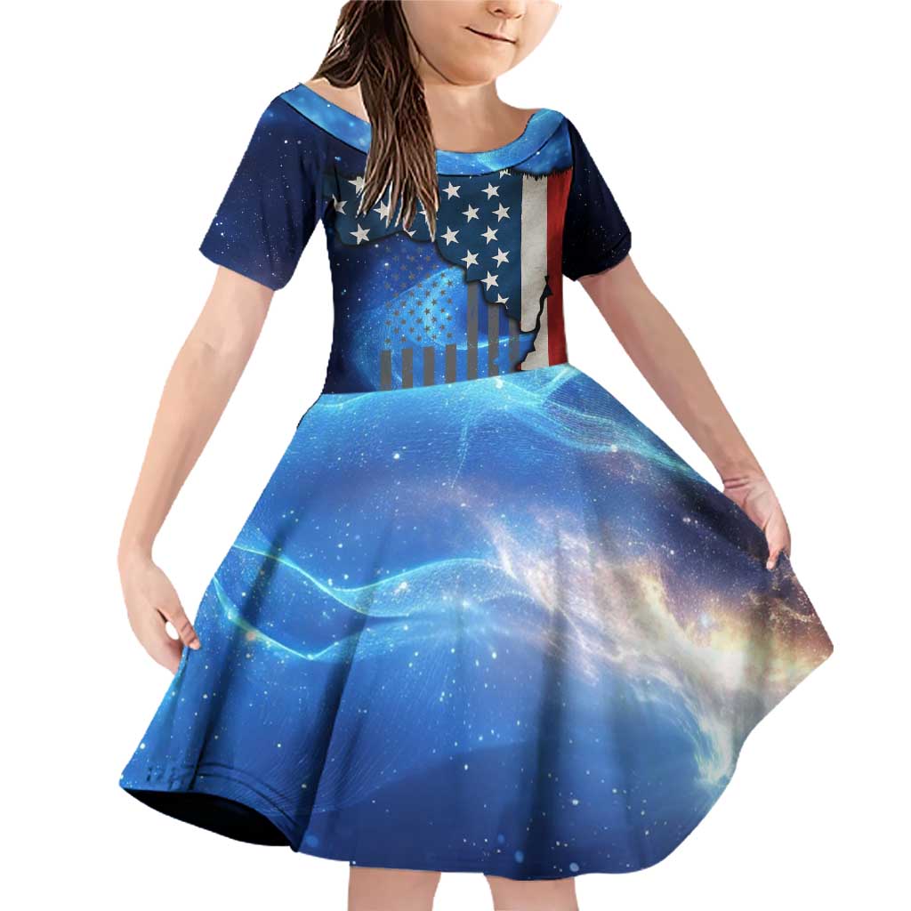 Custom American Flag Universe Patriotic Family Matching Off Shoulder Short Dress and Hawaiian Shirt Blue Galaxy Sky Graphic Design - Wonder Print Shop