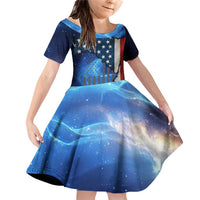 Custom American Flag Universe Patriotic Family Matching Off Shoulder Short Dress and Hawaiian Shirt Blue Galaxy Sky Graphic Design - Wonder Print Shop