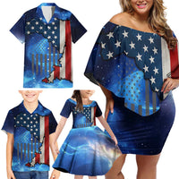 Custom American Flag Universe Patriotic Family Matching Off Shoulder Short Dress and Hawaiian Shirt Blue Galaxy Sky Graphic Design - Wonder Print Shop