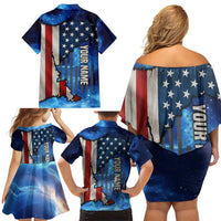Custom American Flag Universe Patriotic Family Matching Off Shoulder Short Dress and Hawaiian Shirt Blue Galaxy Sky Graphic Design - Wonder Print Shop
