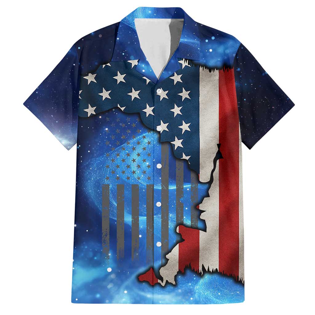 Custom American Flag Universe Patriotic Family Matching Off Shoulder Short Dress and Hawaiian Shirt Blue Galaxy Sky Graphic Design - Wonder Print Shop