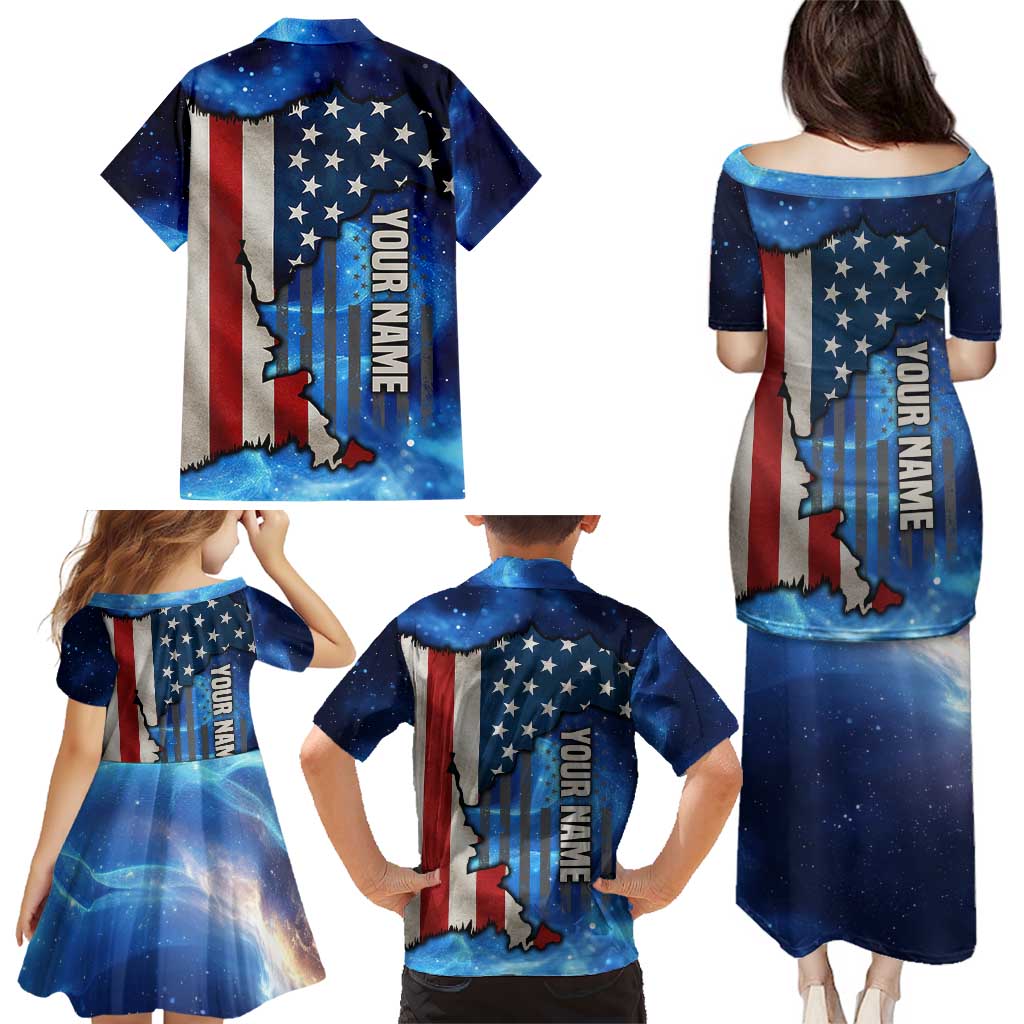 Custom American Flag Universe Patriotic Family Matching Puletasi and Hawaiian Shirt Blue Galaxy Sky Graphic Design - Wonder Print Shop