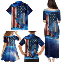 Custom American Flag Universe Patriotic Family Matching Puletasi and Hawaiian Shirt Blue Galaxy Sky Graphic Design - Wonder Print Shop