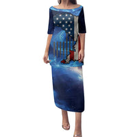 Custom American Flag Universe Patriotic Family Matching Puletasi and Hawaiian Shirt Blue Galaxy Sky Graphic Design - Wonder Print Shop