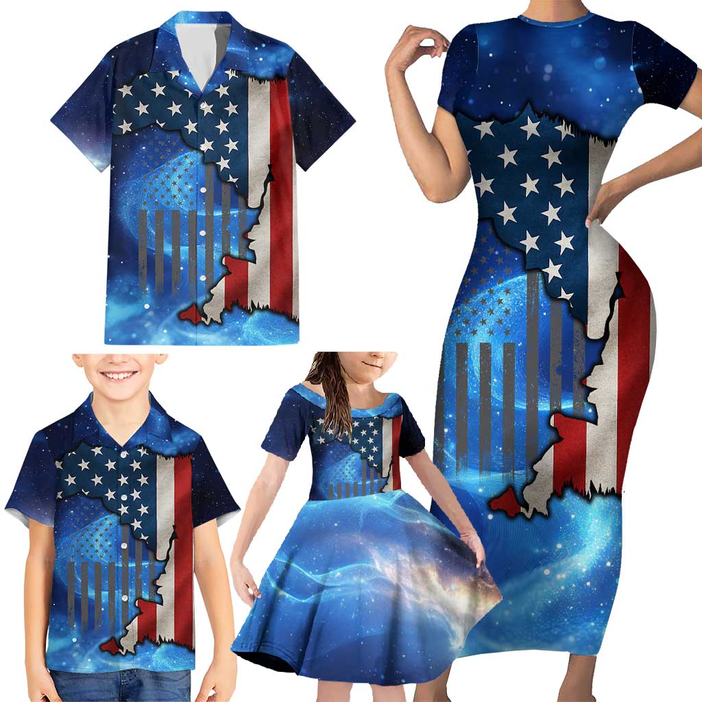 Custom American Flag Universe Patriotic Family Matching Short Sleeve Bodycon Dress and Hawaiian Shirt Blue Galaxy Sky Graphic Design - Wonder Print Shop
