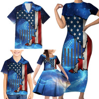 Custom American Flag Universe Patriotic Family Matching Short Sleeve Bodycon Dress and Hawaiian Shirt Blue Galaxy Sky Graphic Design - Wonder Print Shop