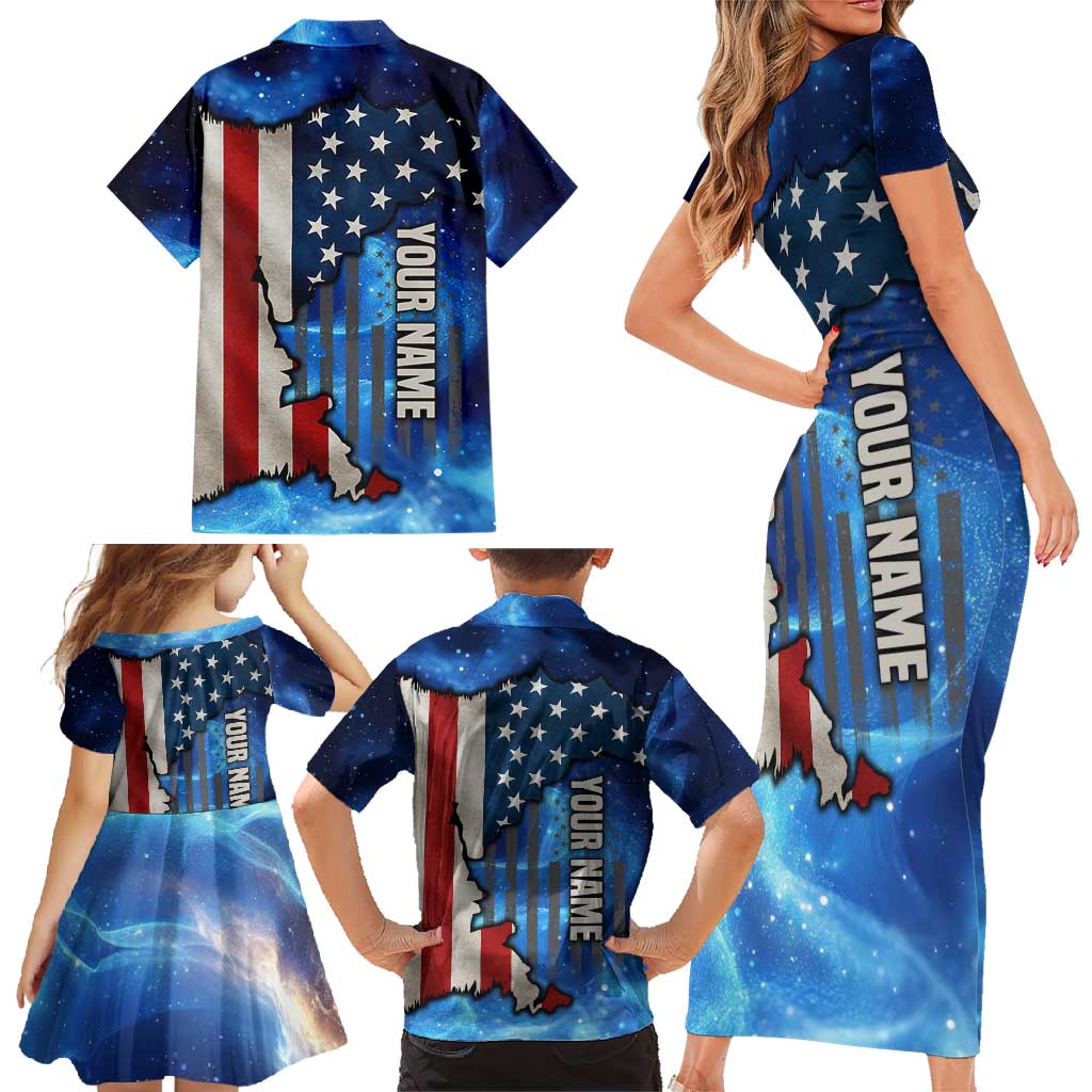 Custom American Flag Universe Patriotic Family Matching Short Sleeve Bodycon Dress and Hawaiian Shirt Blue Galaxy Sky Graphic Design - Wonder Print Shop