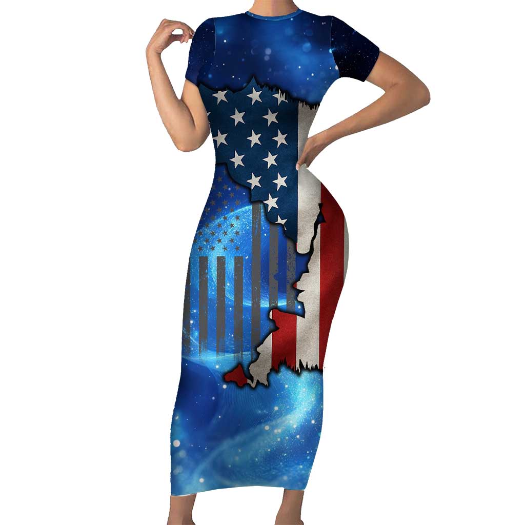 Custom American Flag Universe Patriotic Family Matching Short Sleeve Bodycon Dress and Hawaiian Shirt Blue Galaxy Sky Graphic Design - Wonder Print Shop