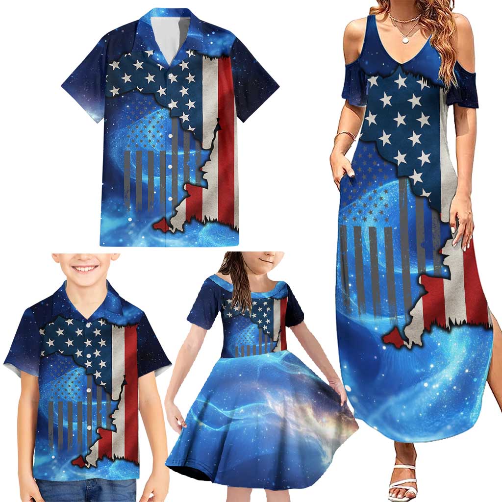 Custom American Flag Universe Patriotic Family Matching Summer Maxi Dress and Hawaiian Shirt Blue Galaxy Sky Graphic Design - Wonder Print Shop