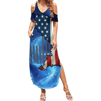 Custom American Flag Universe Patriotic Family Matching Summer Maxi Dress and Hawaiian Shirt Blue Galaxy Sky Graphic Design - Wonder Print Shop