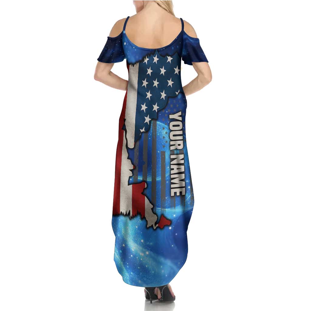 Custom American Flag Universe Patriotic Family Matching Summer Maxi Dress and Hawaiian Shirt Blue Galaxy Sky Graphic Design - Wonder Print Shop