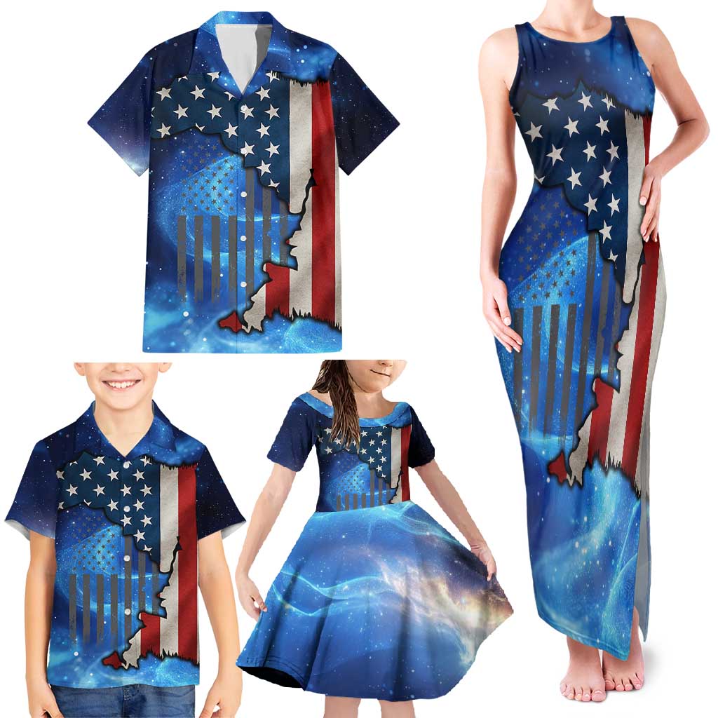 Custom American Flag Universe Patriotic Family Matching Tank Maxi Dress and Hawaiian Shirt Blue Galaxy Sky Graphic Design - Wonder Print Shop