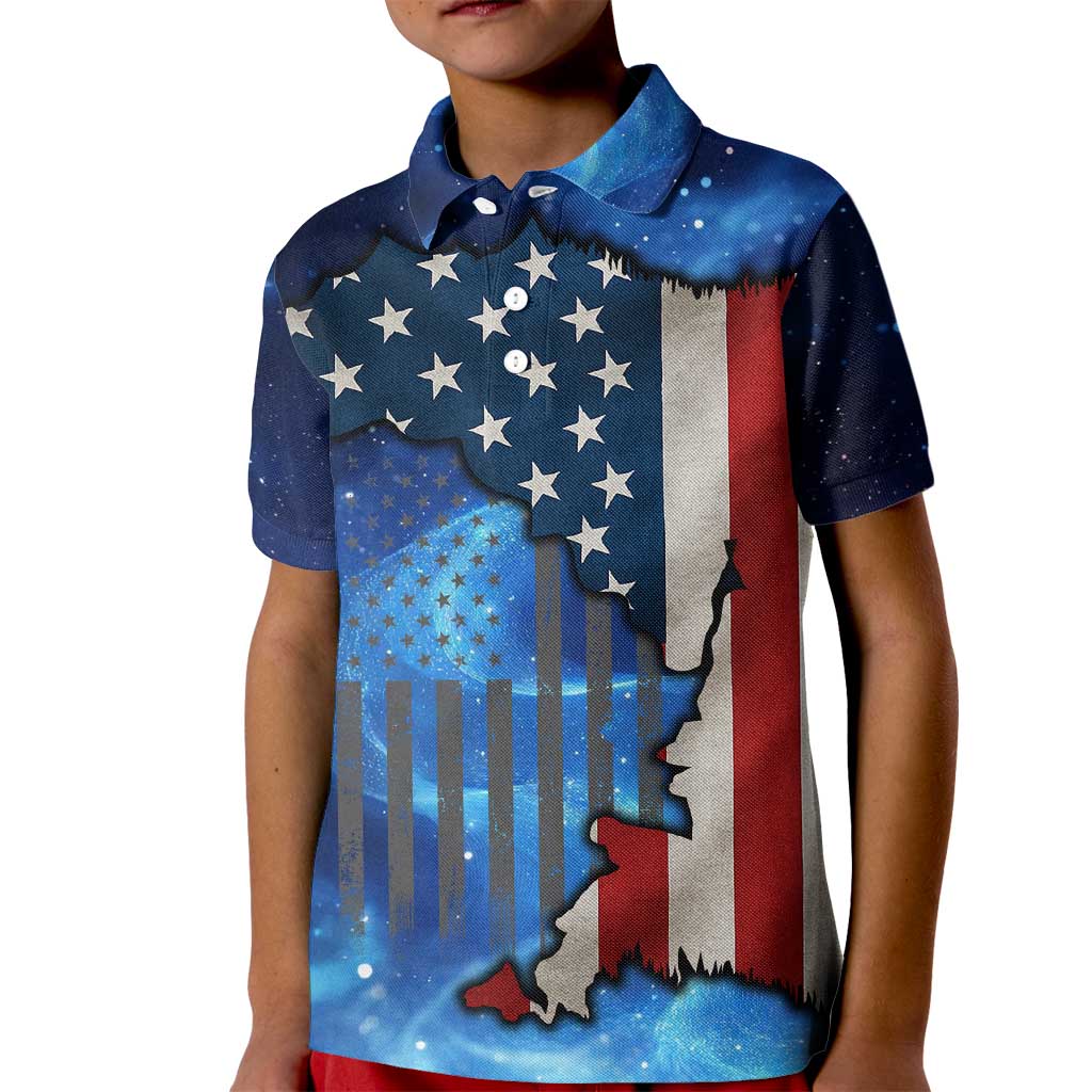Custom American Flag Universe Patriotic Kid Polo Shirt Blue Galaxy Sky Graphic Design - Wonder Print Shop