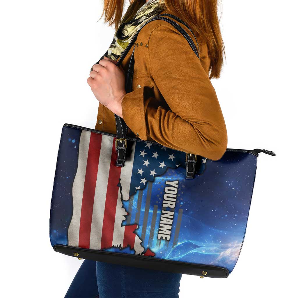 Custom American Flag Universe Patriotic Leather Tote Bag Blue Galaxy Sky Graphic Design - Wonder Print Shop
