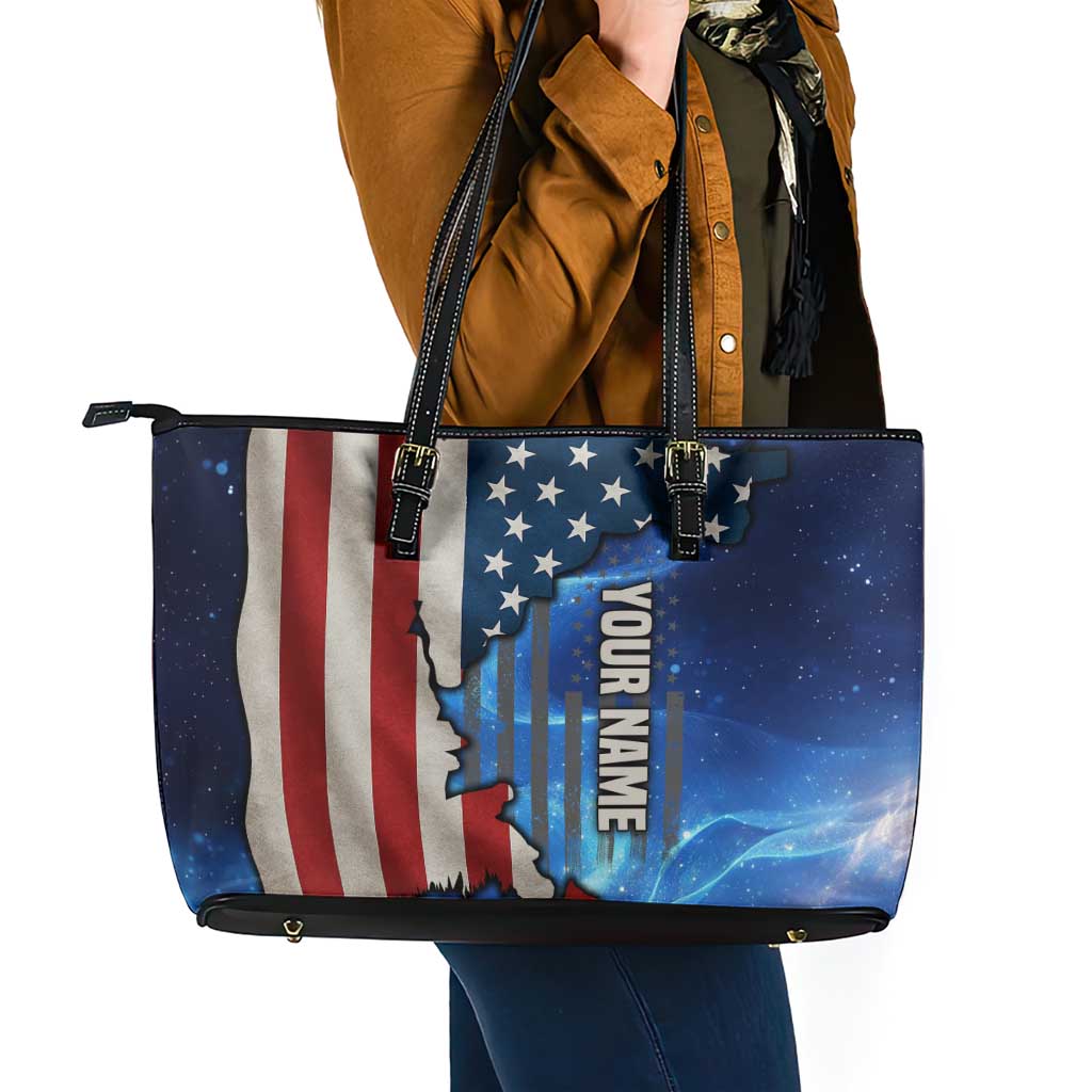 Custom American Flag Universe Patriotic Leather Tote Bag Blue Galaxy Sky Graphic Design - Wonder Print Shop