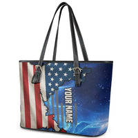 Custom American Flag Universe Patriotic Leather Tote Bag Blue Galaxy Sky Graphic Design - Wonder Print Shop
