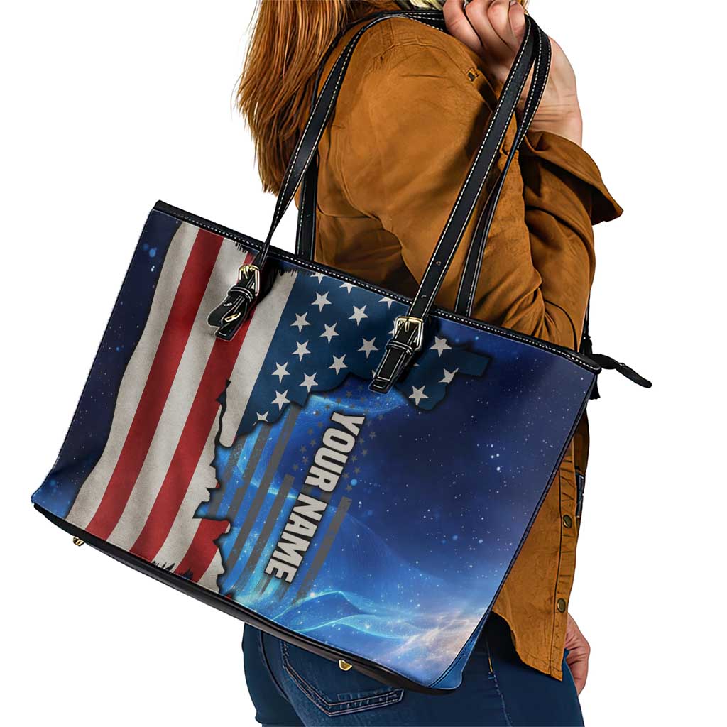 Custom American Flag Universe Patriotic Leather Tote Bag Blue Galaxy Sky Graphic Design - Wonder Print Shop