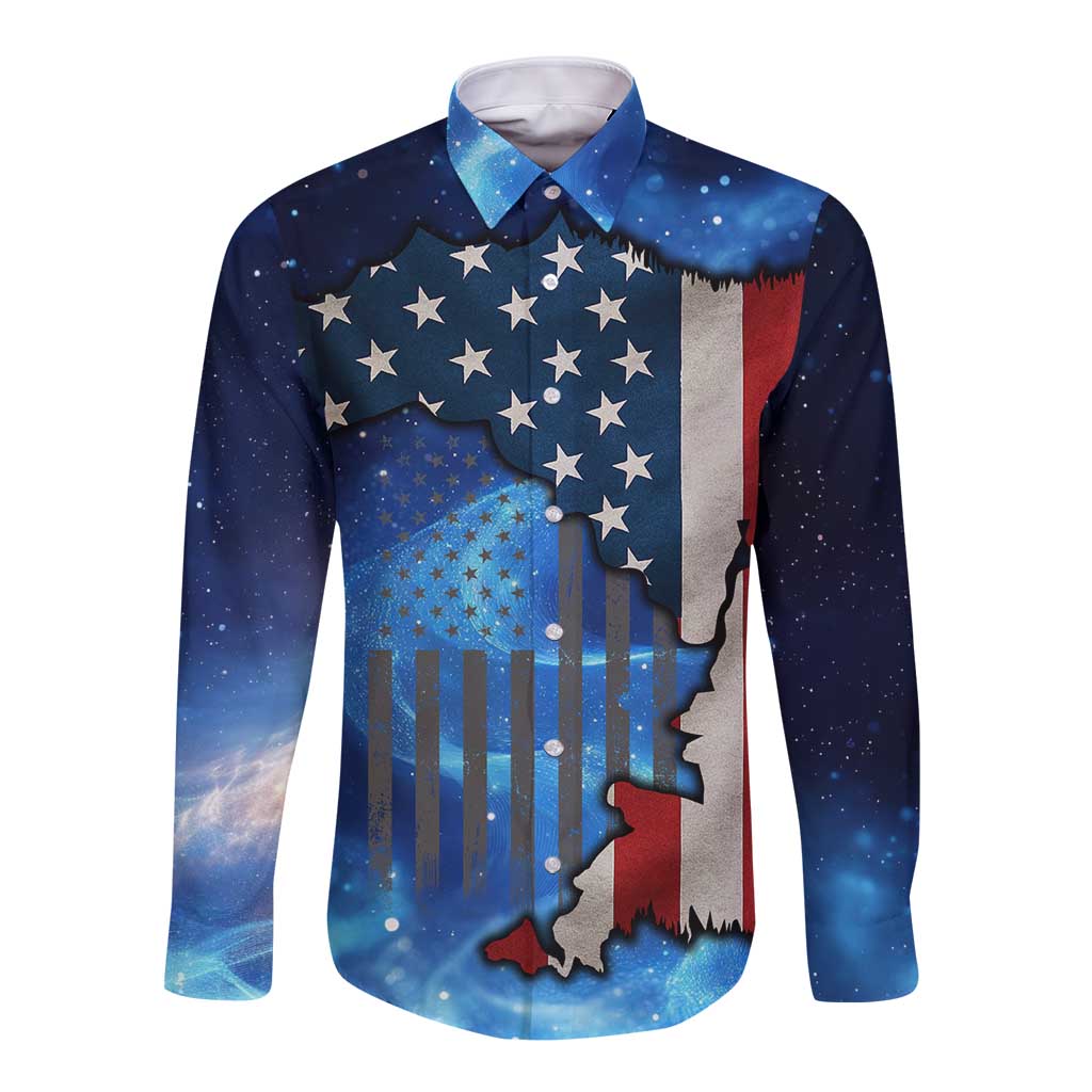 Custom American Flag Universe Patriotic Long Sleeve Button Shirt Blue Galaxy Sky Graphic Design - Wonder Print Shop