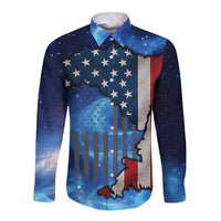 Custom American Flag Universe Patriotic Long Sleeve Button Shirt Blue Galaxy Sky Graphic Design - Wonder Print Shop