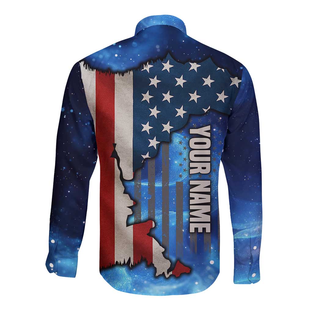 Custom American Flag Universe Patriotic Long Sleeve Button Shirt Blue Galaxy Sky Graphic Design - Wonder Print Shop