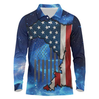 Custom American Flag Universe Patriotic Long Sleeve Polo Shirt Blue Galaxy Sky Graphic Design - Wonder Print Shop