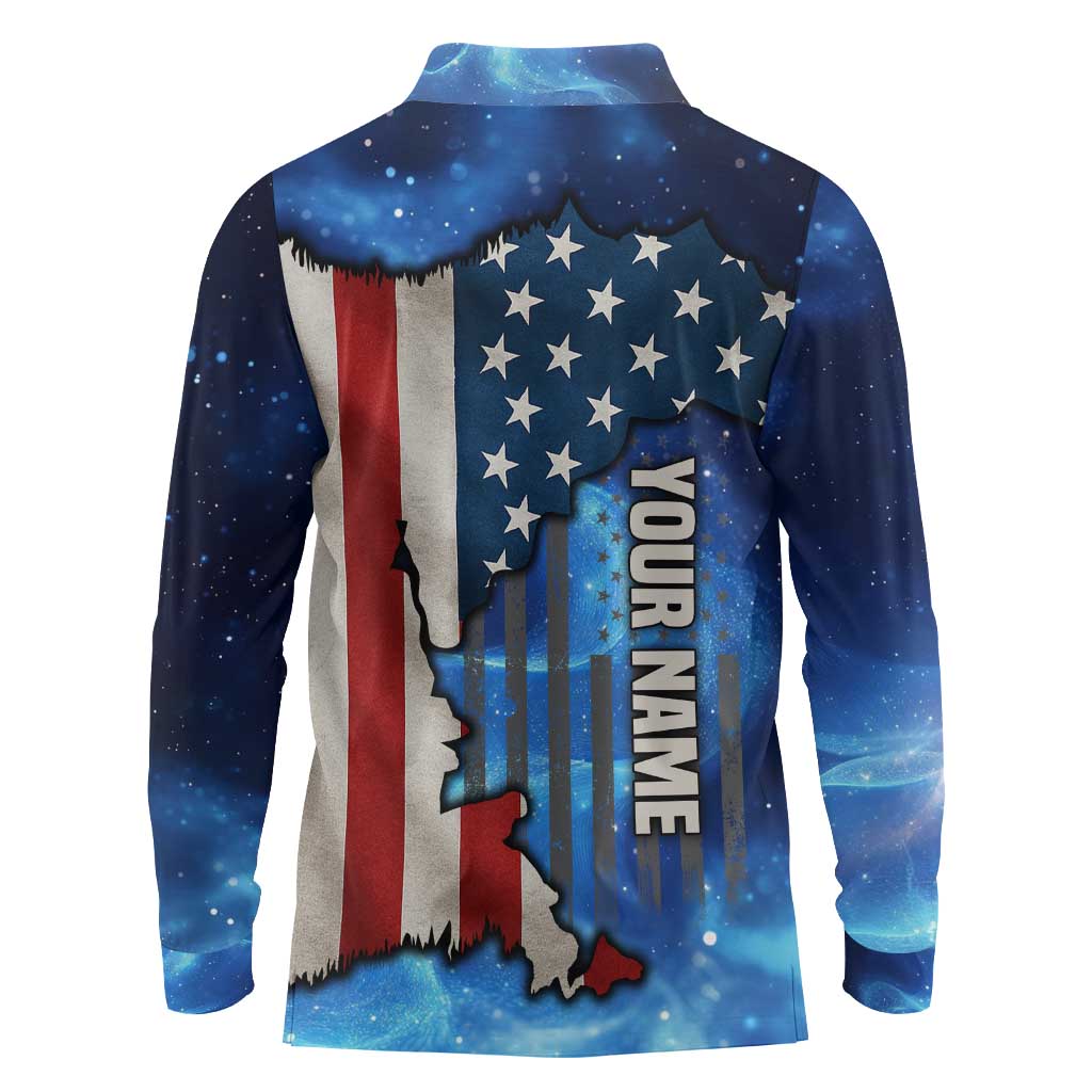 Custom American Flag Universe Patriotic Long Sleeve Polo Shirt Blue Galaxy Sky Graphic Design - Wonder Print Shop