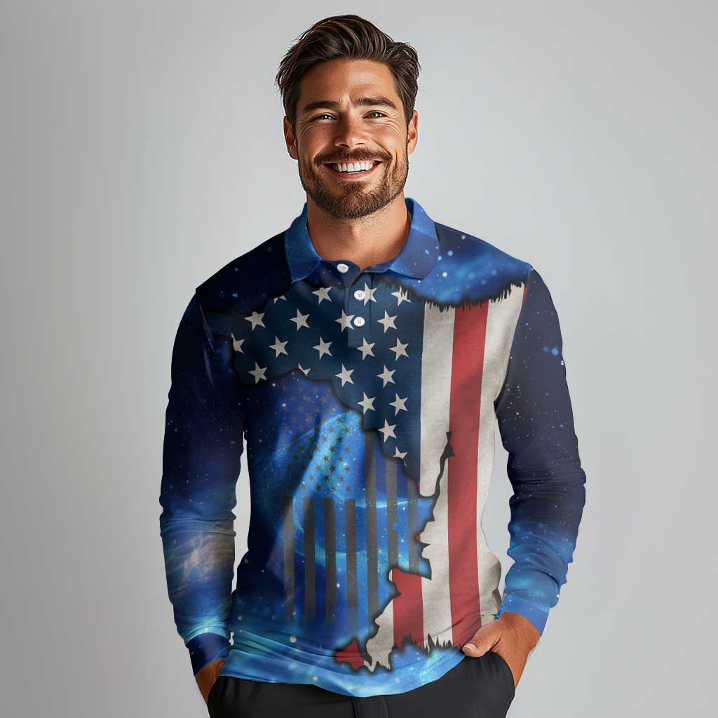 Custom American Flag Universe Patriotic Long Sleeve Polo Shirt Blue Galaxy Sky Graphic Design - Wonder Print Shop