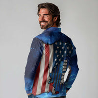 Custom American Flag Universe Patriotic Long Sleeve Polo Shirt Blue Galaxy Sky Graphic Design - Wonder Print Shop