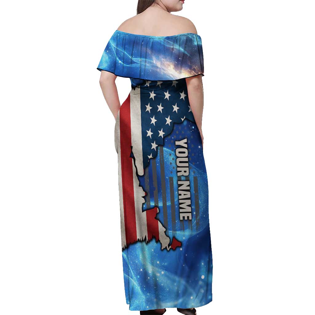 Custom American Flag Universe Patriotic Off Shoulder Maxi Dress Blue Galaxy Sky Graphic Design - Wonder Print Shop
